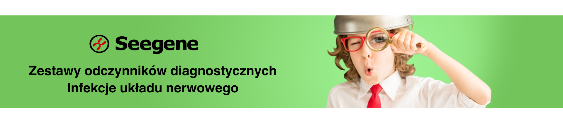 Baner przekierowujący do strony producenta odczynników diagnostycznych do oznaczania infekcji układu nerwowego. Na zdjęciu ciekawski chłopiec w kasku.