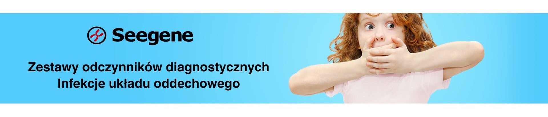 Baner przekierowujący do strony producenta zestawów diagnostycznych do infekcji oddechowych. Na obrazku dziewczynka zasłaniająca usta.